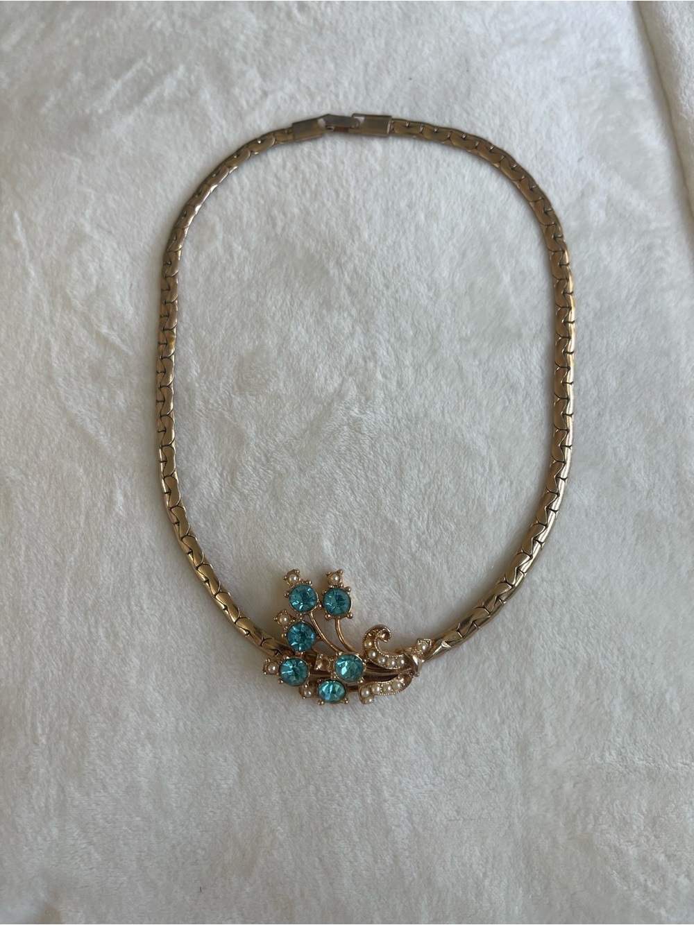 Gold-Tone Necklace with Blue Crystal Floral Pendant
